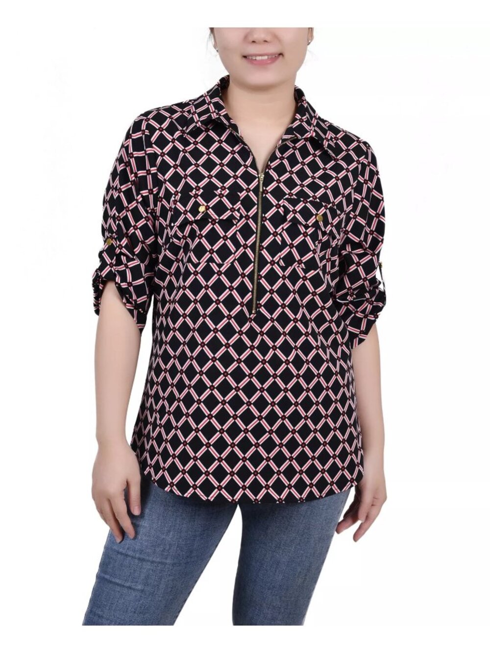 NY Collection Womens Petites Printed Collar Blouse Black Red Chain Size PXL NWT